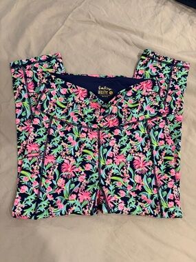 Lilly Pulitzer Athletic Floral Leggings - Navy with Pink & Aqua floral designs.